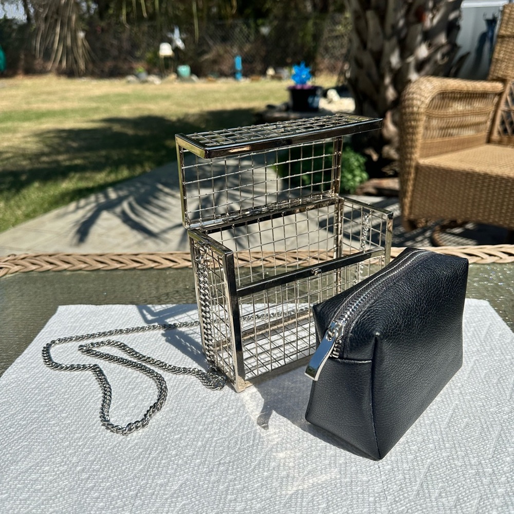 Silver and Black Cage Clutch with Chain - Picture 7 of 11